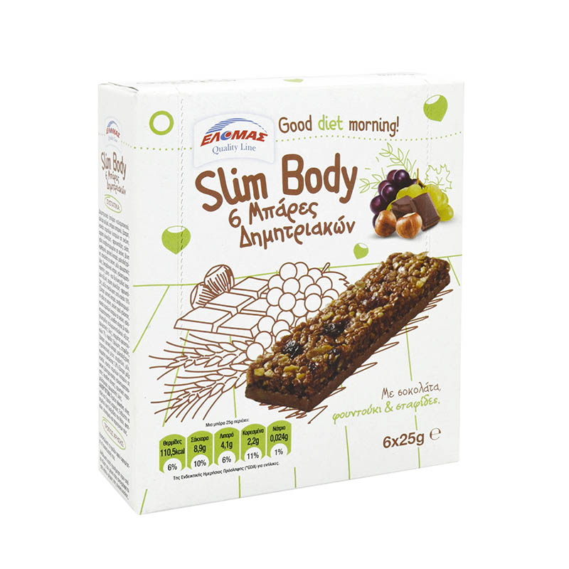 ΕΛΟΜΑΣ Μπάρες δημητριακών Slim Body 6x25g (με σοκολάτα, φουντούκι & σταφίδες) 